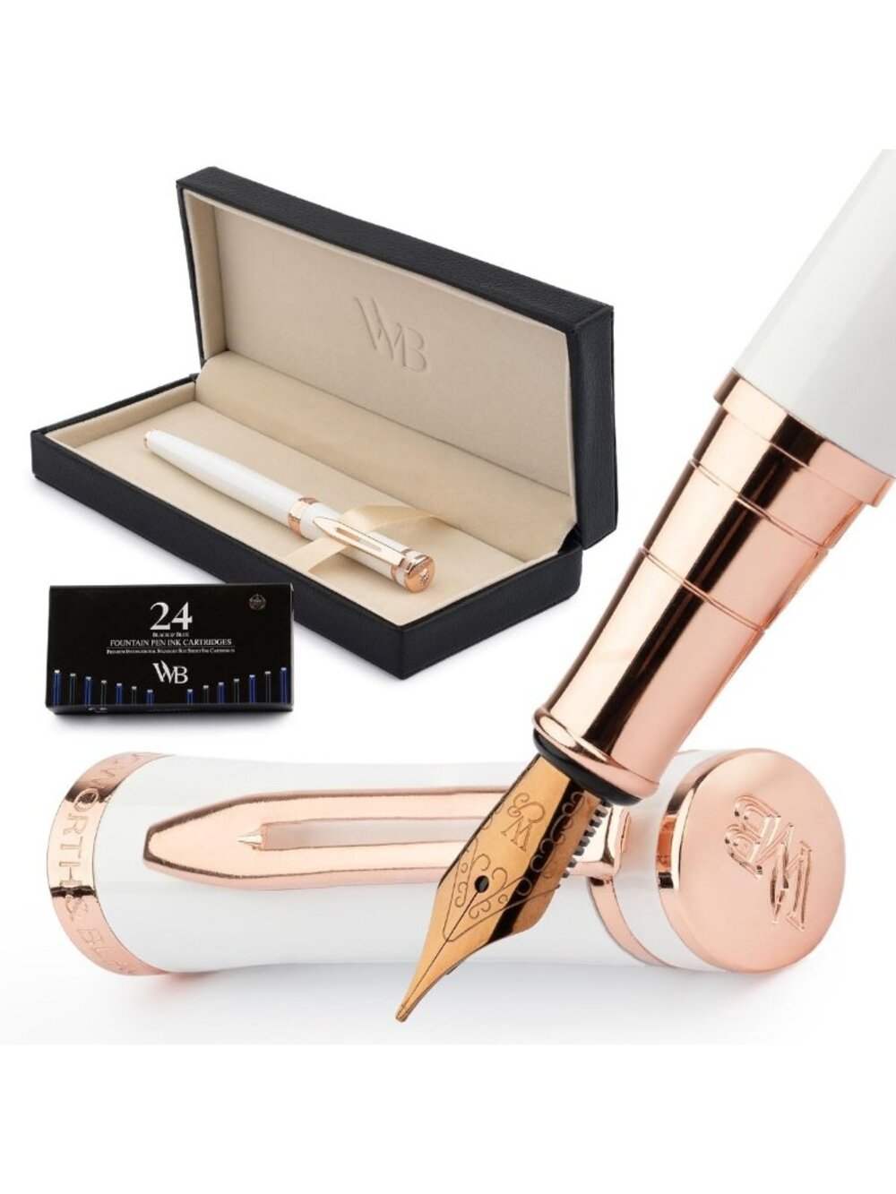 Elegant Fountain Pen Set for Writing - Medium Nib, White & Rose Gold Finish